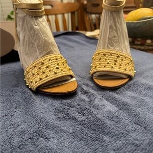 Woven Beaded Ankle-Strap Sandals in Beige